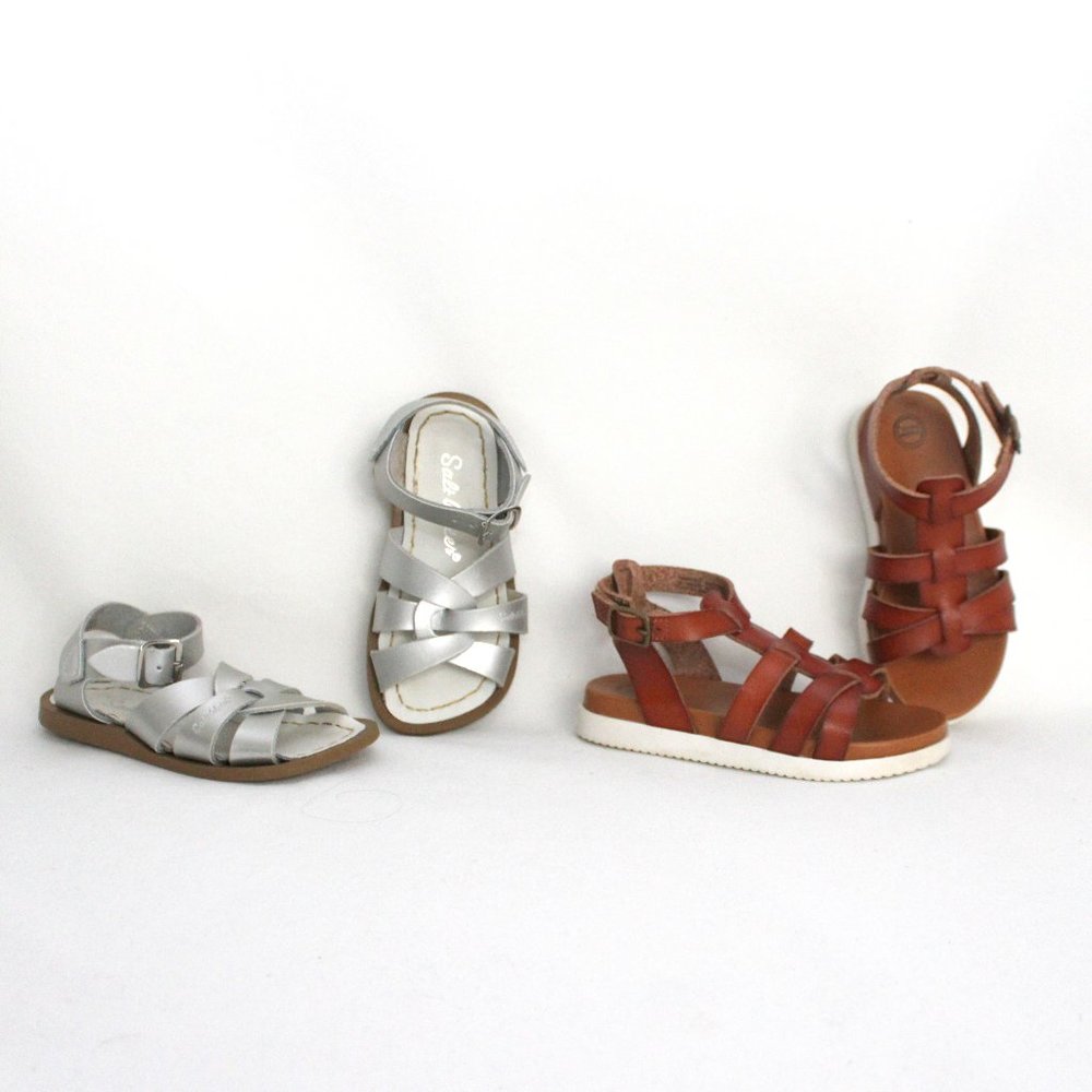 SALT WATER Silver Baby Sandals Size 7 & Wonder Nation Brown Sandals Same Length